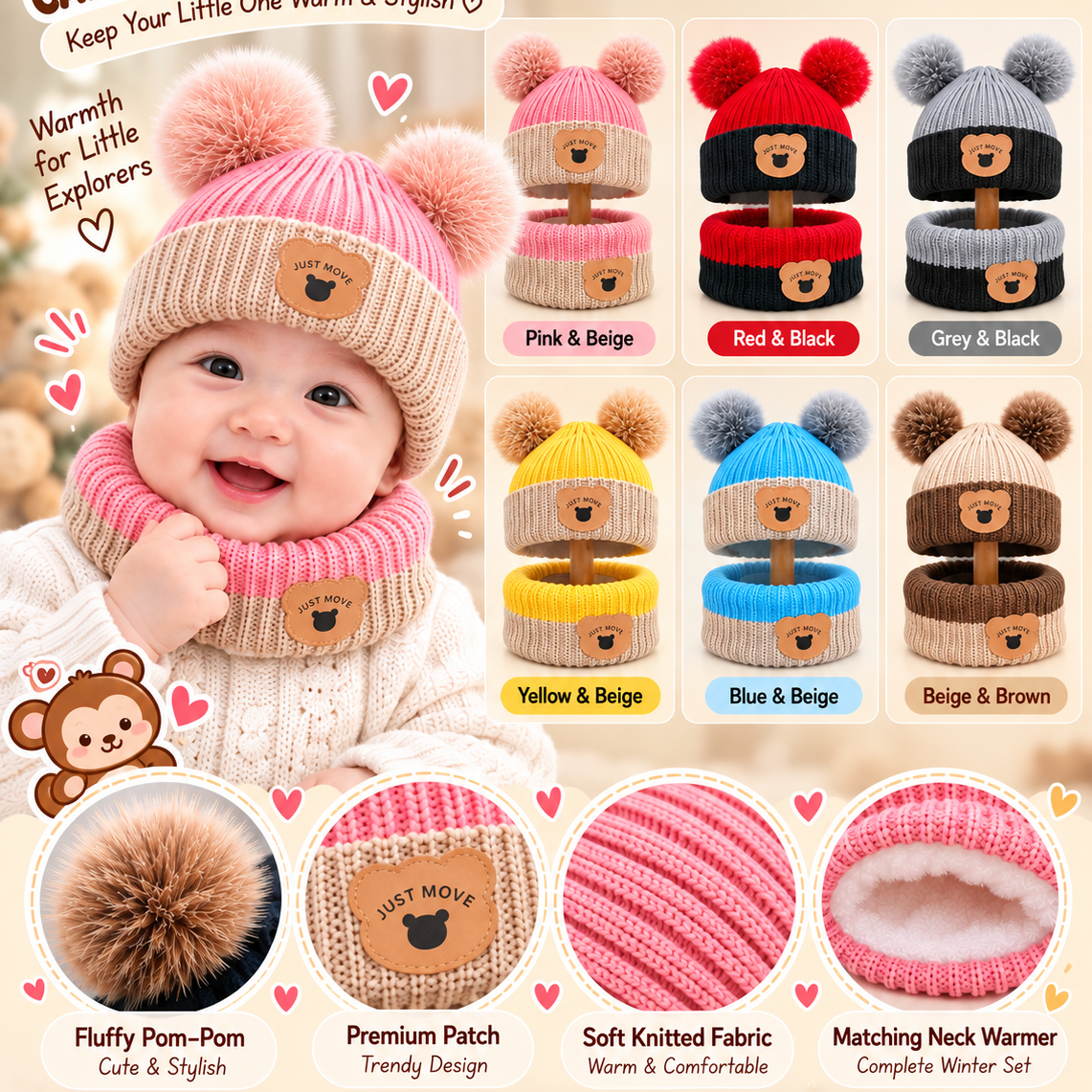 Knitted Fabric Premium Baby winter Cap and Neck warmer set | 0.5-4 Years